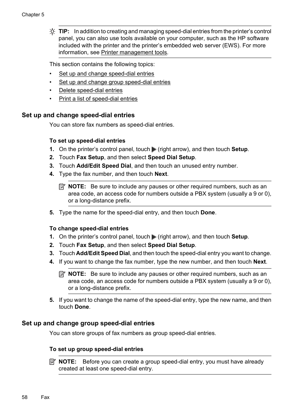 Set up and change speed-dial entries, Set up and change group speed-dial entries | HP 6700 User Manual | Page 62 / 226