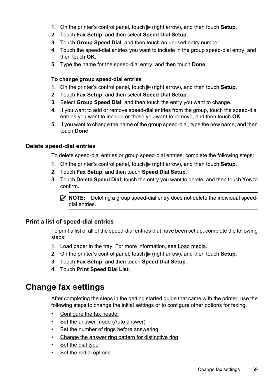 Delete speed-dial entries, Print a list of speed-dial entries, Change fax settings | HP 6700 User Manual | Page 63 / 226