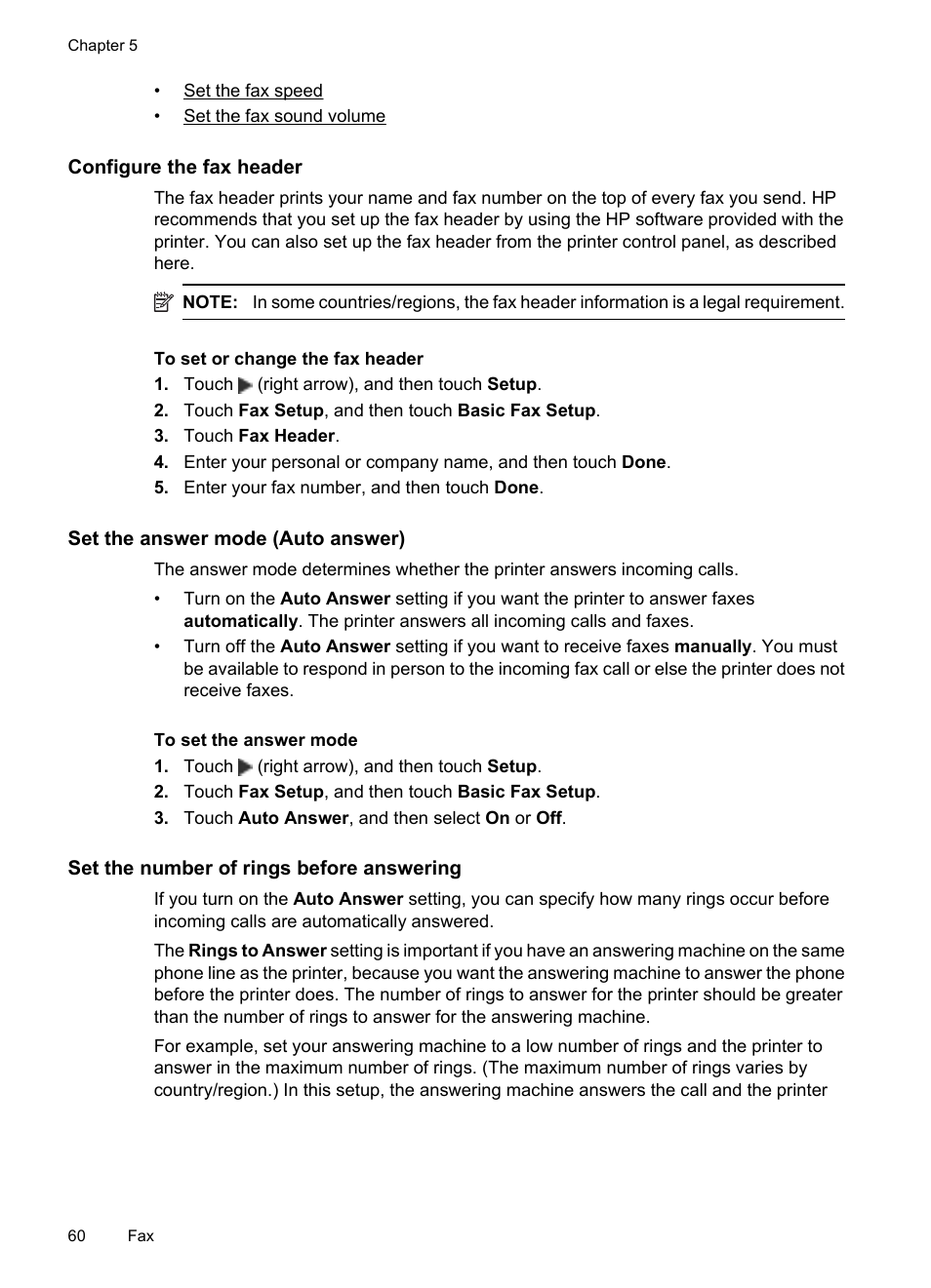 Configure the fax header, Set the answer mode (auto answer), Set the number of rings before answering | HP 6700 User Manual | Page 64 / 226