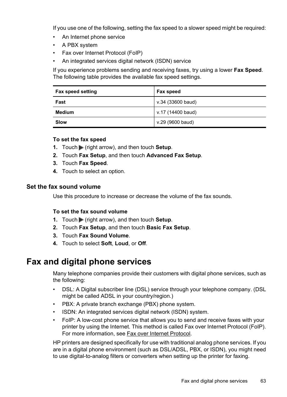 Set the fax sound volume, Fax and digital phone services | HP 6700 User Manual | Page 67 / 226