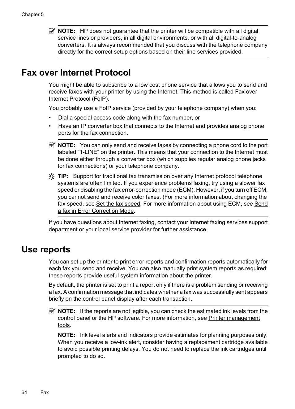 Fax over internet protocol, Use reports, Fax over internet protocol use reports | HP 6700 User Manual | Page 68 / 226