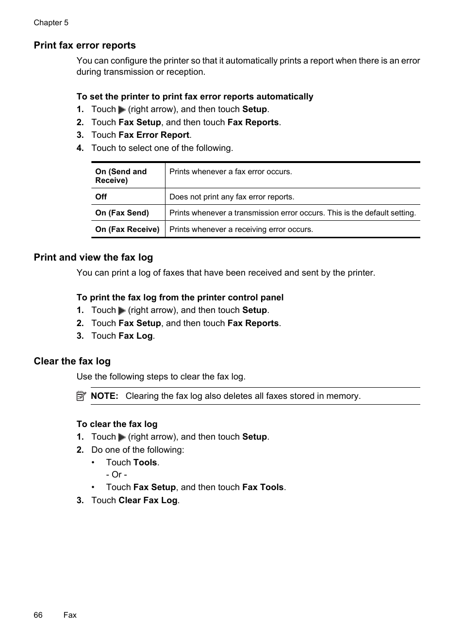 Print fax error reports, Print and view the fax log, Clear the fax log | HP 6700 User Manual | Page 70 / 226