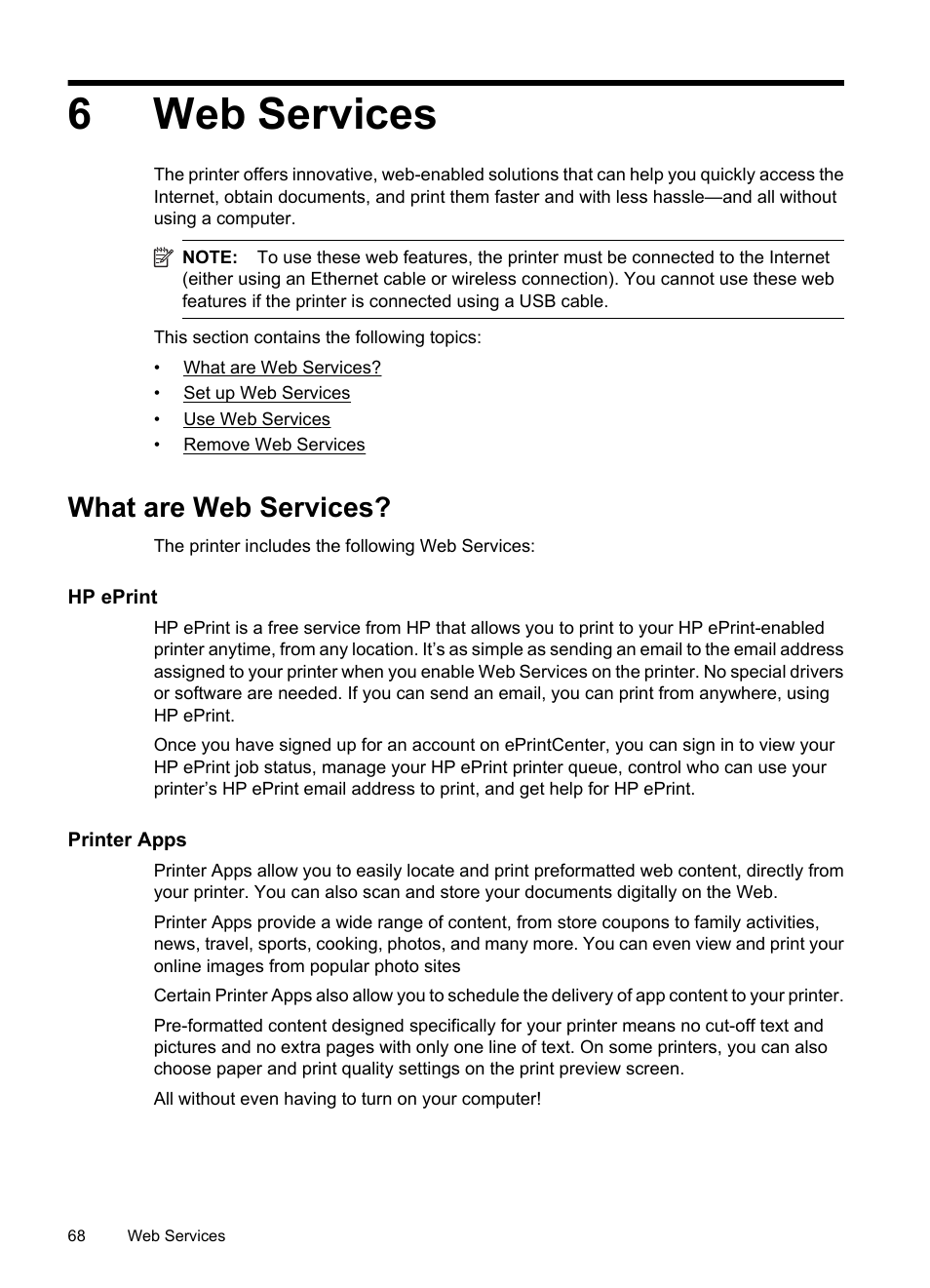 Web services, What are web services, Hp eprint | Printer apps, 6 web services, Hp eprint printer apps, E hp eprint, 6web services | HP 6700 User Manual | Page 72 / 226