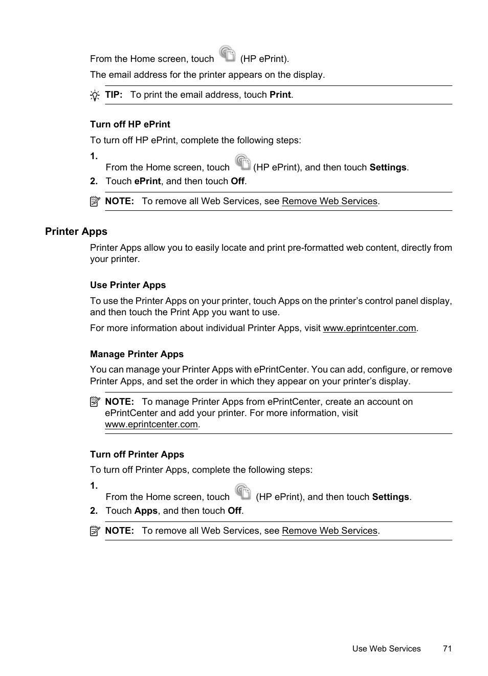 Turn off hp eprint, Printer apps, Use printer apps | Manage printer apps, Turn off printer apps | HP 6700 User Manual | Page 75 / 226