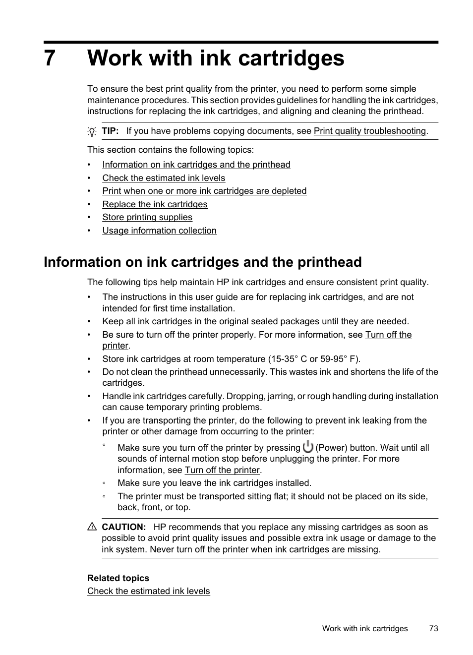 Work with ink cartridges, Information on ink cartridges and the printhead, 7 work with ink cartridges | E work with ink cartridges, 7work with ink cartridges | HP 6700 User Manual | Page 77 / 226