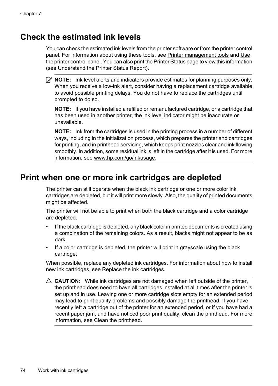 Check the estimated ink levels, Print when one or more ink cartridges are depleted | HP 6700 User Manual | Page 78 / 226