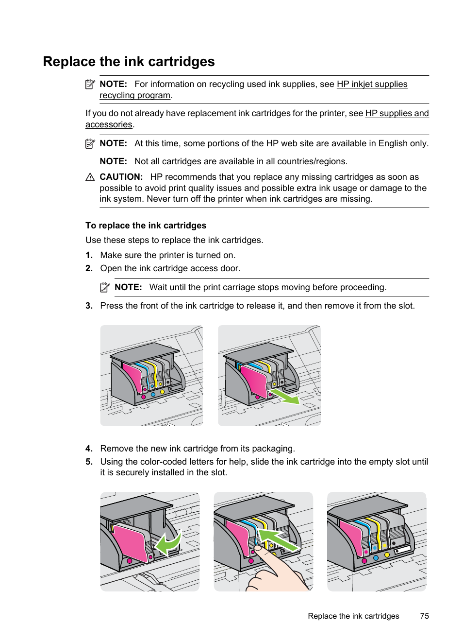 Replace the ink cartridges | HP 6700 User Manual | Page 79 / 226