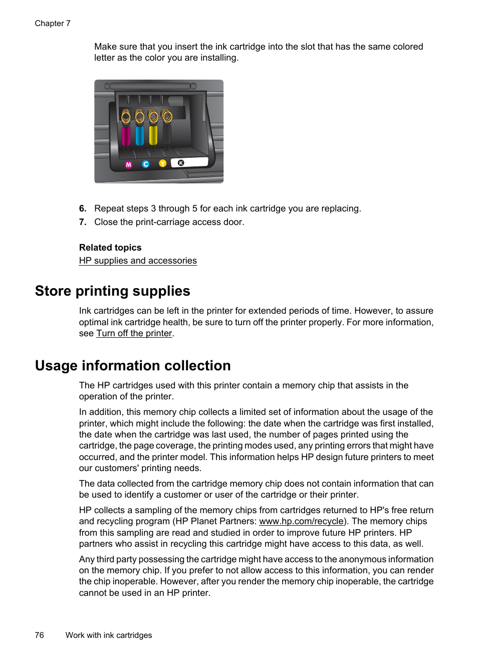 Store printing supplies, Usage information collection | HP 6700 User Manual | Page 80 / 226