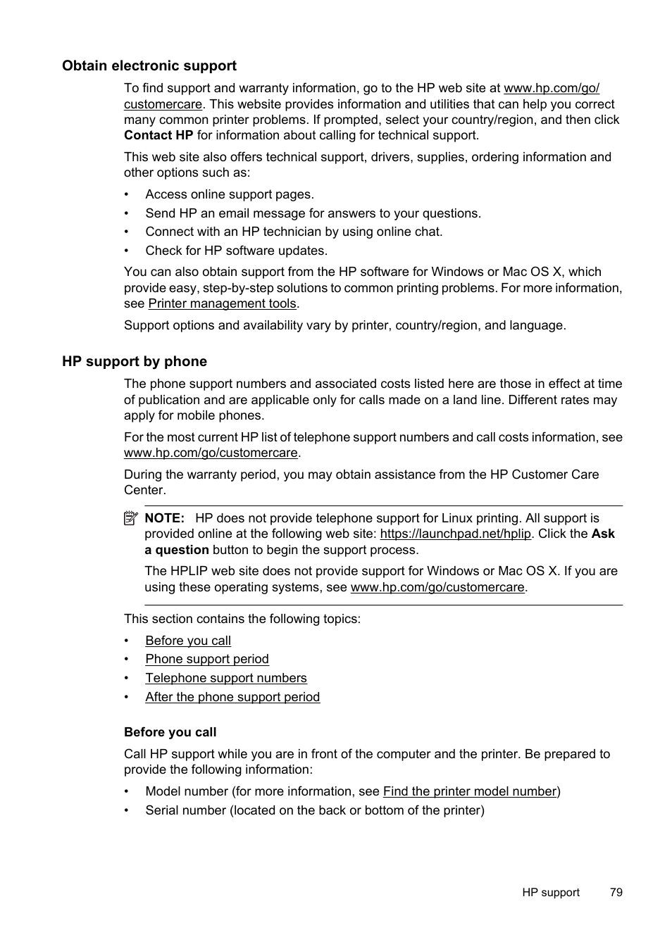 Obtain electronic support, Hp support by phone, Before you call | See hp support by phone | HP 6700 User Manual | Page 83 / 226