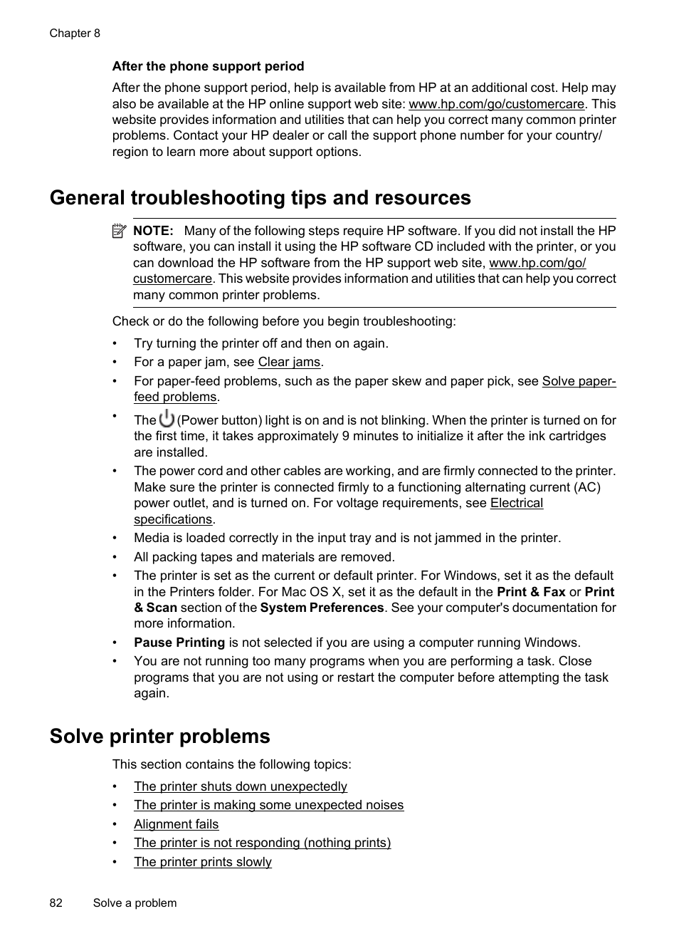 After the phone support period, General troubleshooting tips and resources, Solve printer problems | HP 6700 User Manual | Page 86 / 226