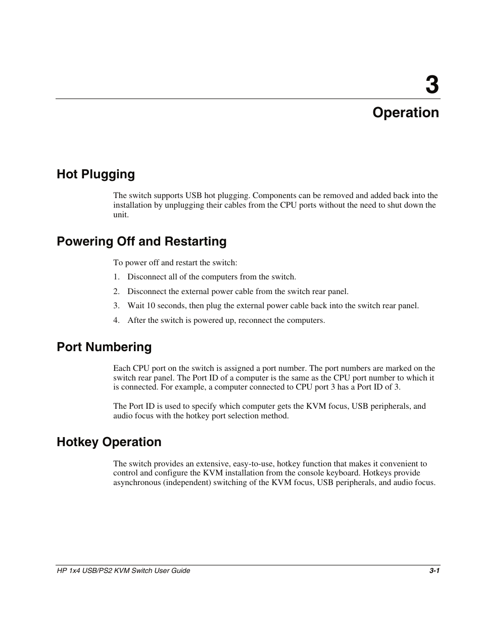 Chapter 3: operation, Hot plugging, Powering off and restarting | Port numbering, Hotkey operation, Chapter 3, Operation, Hot plugging -1, Powering off and restarting -1, Port numbering -1 | HP 372284-001 User Manual | Page 21 / 48