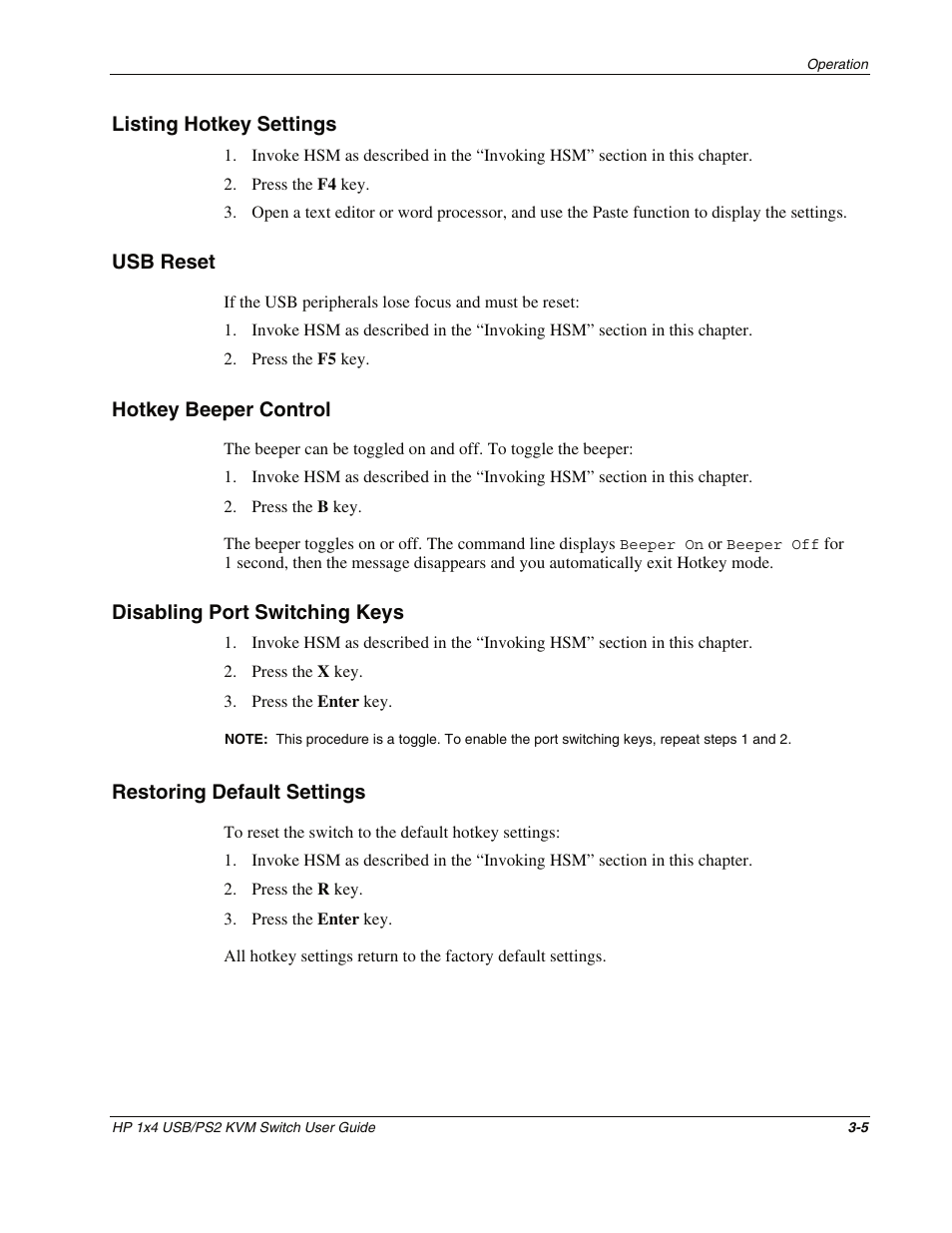 Listing hotkey settings, Usb reset, Hotkey beeper control | Disabling port switching keys, Restoring default settings, Listing hotkey settings -5, Usb reset -5, Hotkey beeper control -5, Disabling port switching keys -5, Restoring default settings -5 | HP 372284-001 User Manual | Page 25 / 48