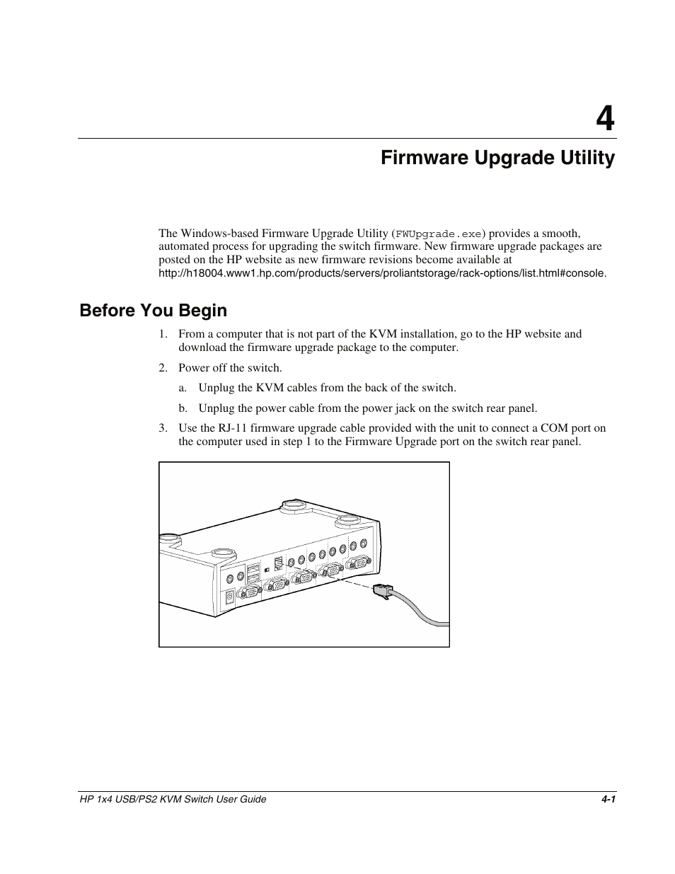 Chapter 4: firmware upgrade utility, Before you begin, Chapter 4 | Firmware upgrade utility, Before you begin -1 | HP 372284-001 User Manual | Page 28 / 48