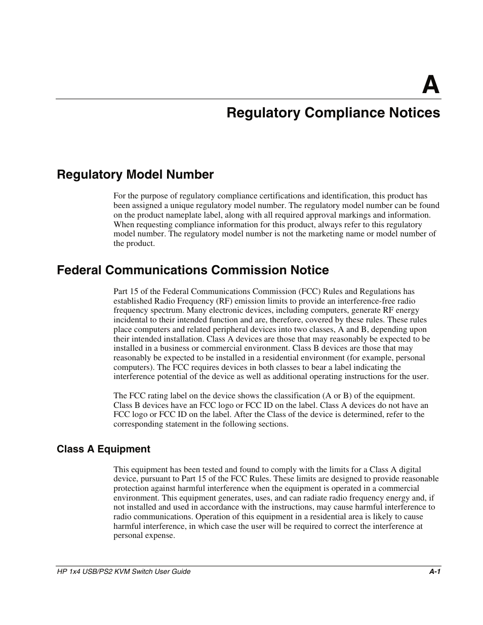 Appendix a: regulatory compliance notices, Regulatory model number, Federal communications commission notice | Class a equipment, Appendix a, Regulatory compliance notices | HP 372284-001 User Manual | Page 37 / 48