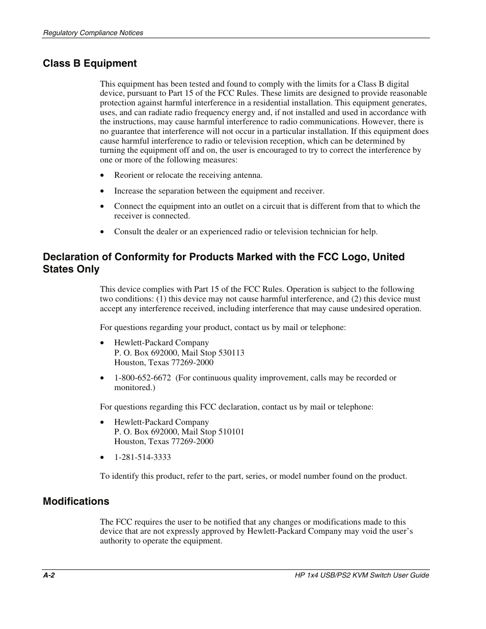 Class b equipment, Modifications | HP 372284-001 User Manual | Page 38 / 48