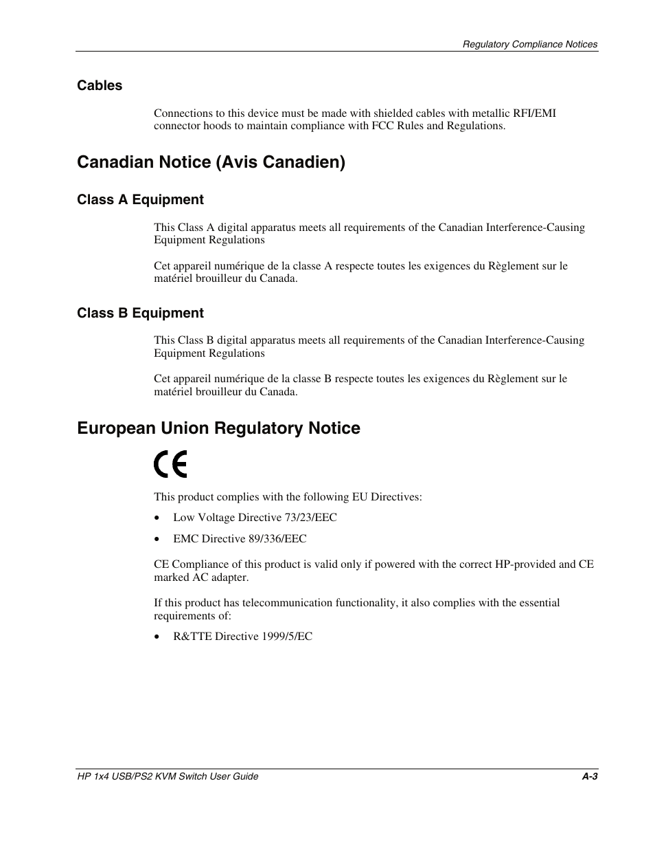 Cables, Canadian notice (avis canadien), Class a equipment | Class b equipment, European union regulatory notice | HP 372284-001 User Manual | Page 39 / 48