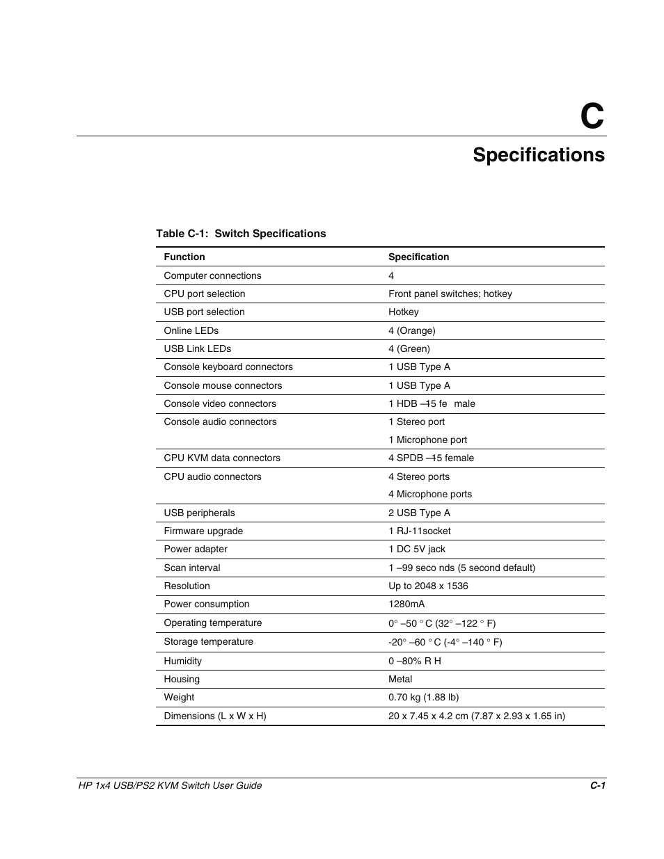 Appendix c: specifications, Appendix c, Specifications | HP 372284-001 User Manual | Page 45 / 48