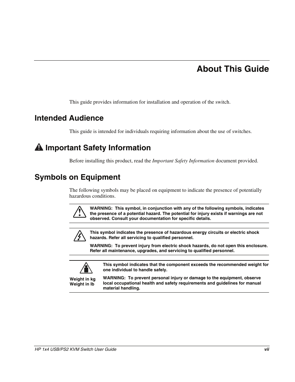 About this guide, Intended audience, Important safety information | Symbols on equipment | HP 372284-001 User Manual | Page 7 / 48
