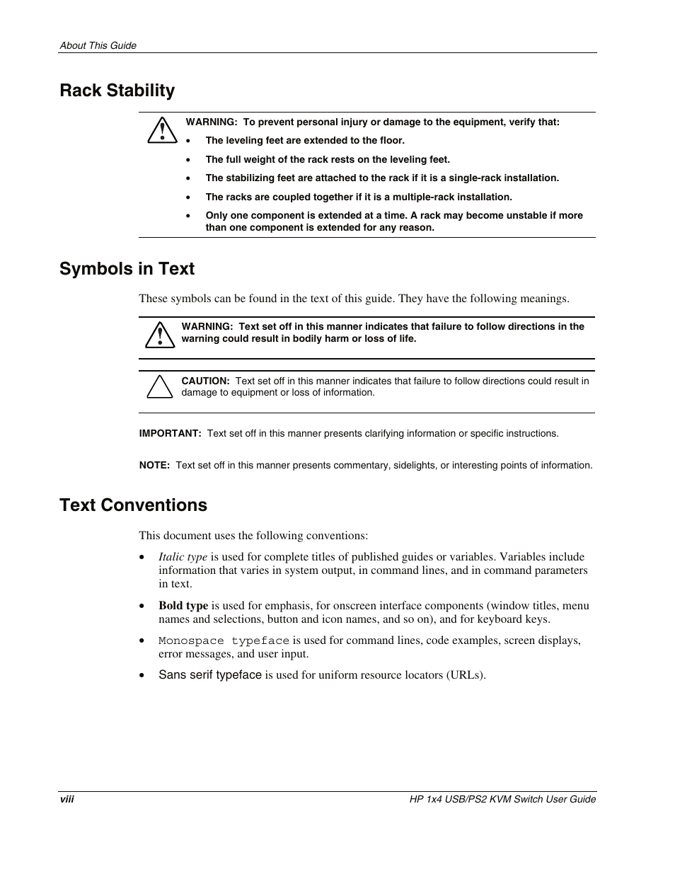 Rack stability, Symbols in text, Text conventions | HP 372284-001 User Manual | Page 8 / 48