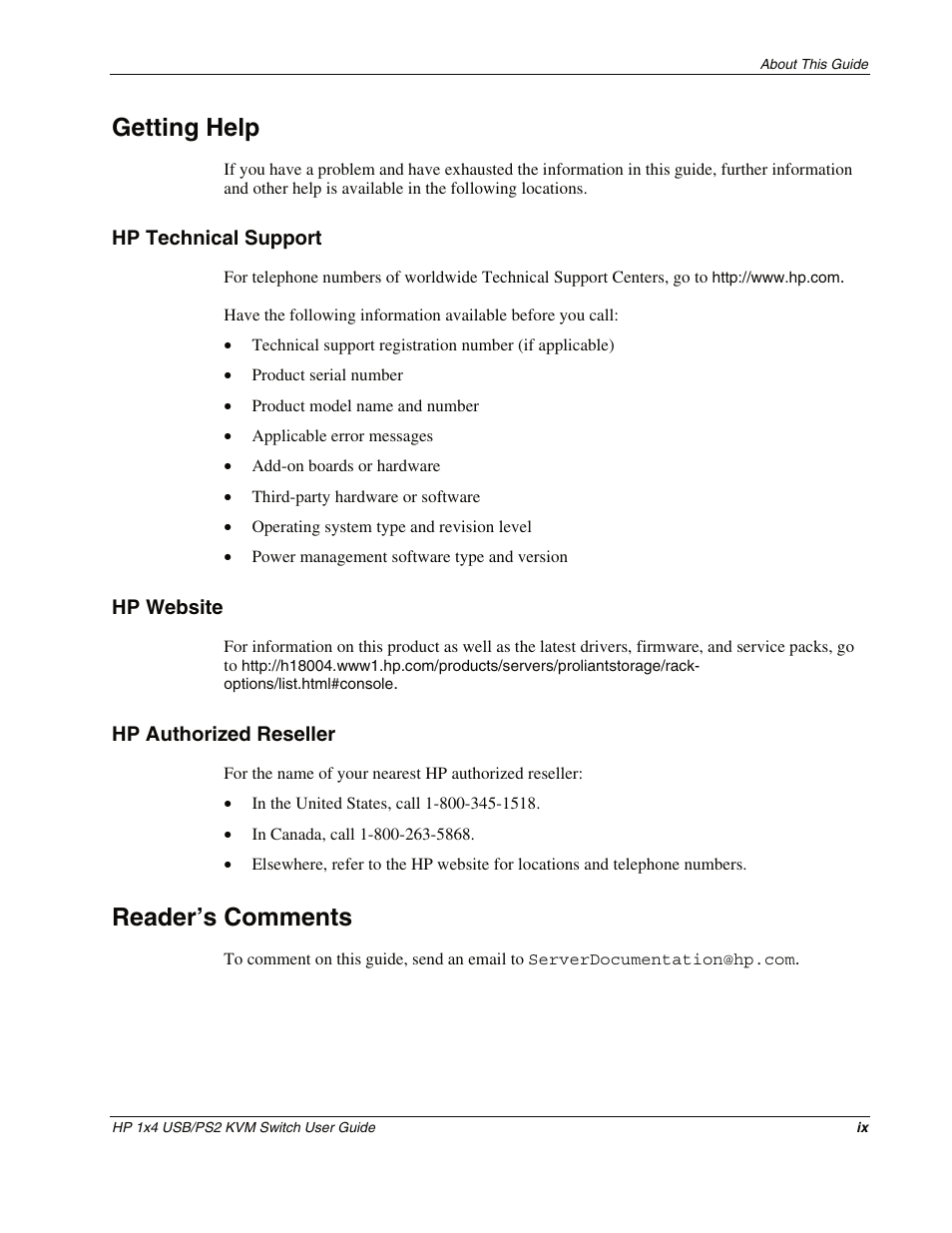 Getting help, Hp technical support, Hp website | Hp authorized reseller, Reader’s comments | HP 372284-001 User Manual | Page 9 / 48