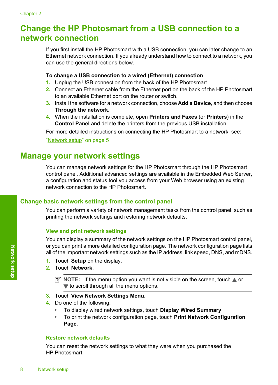 Manage your network settings, View and print network settings, Restore network defaults | HP D7200 User Manual | Page 10 / 29