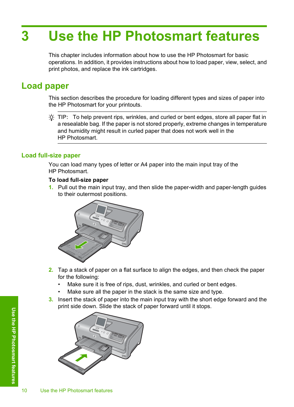 Use the hp photosmart features, Load paper, Load full-size paper | 3 use the hp photosmart features, 3use the hp photosmart features | HP D7200 User Manual | Page 12 / 29