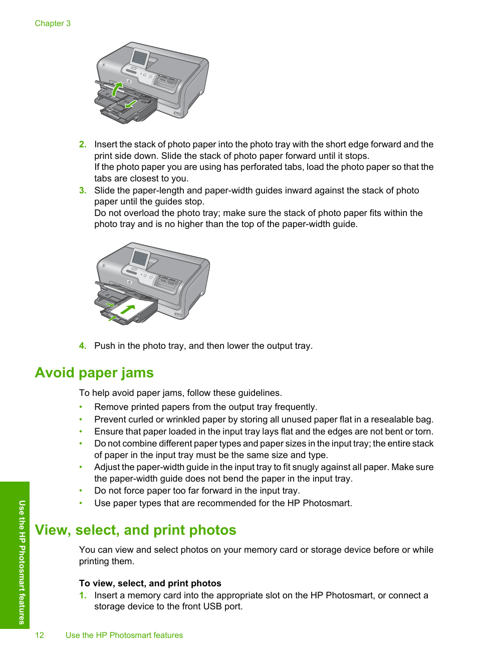 Avoid paper jams, View, select, and print photos, Avoid paper jams view, select, and print photos | HP D7200 User Manual | Page 14 / 29