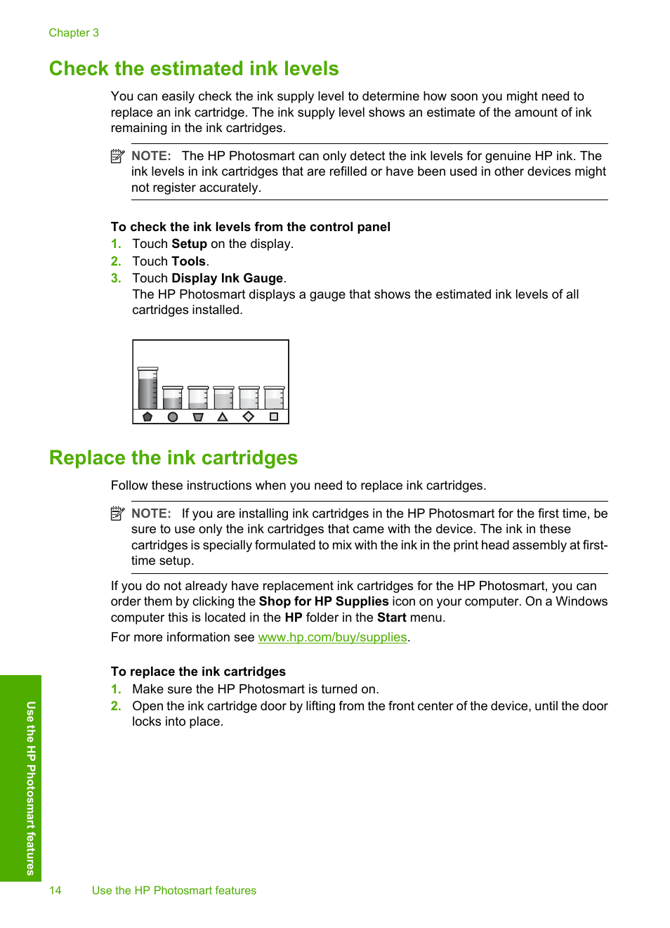 Check the estimated ink levels, Replace the ink cartridges | HP D7200 User Manual | Page 16 / 29