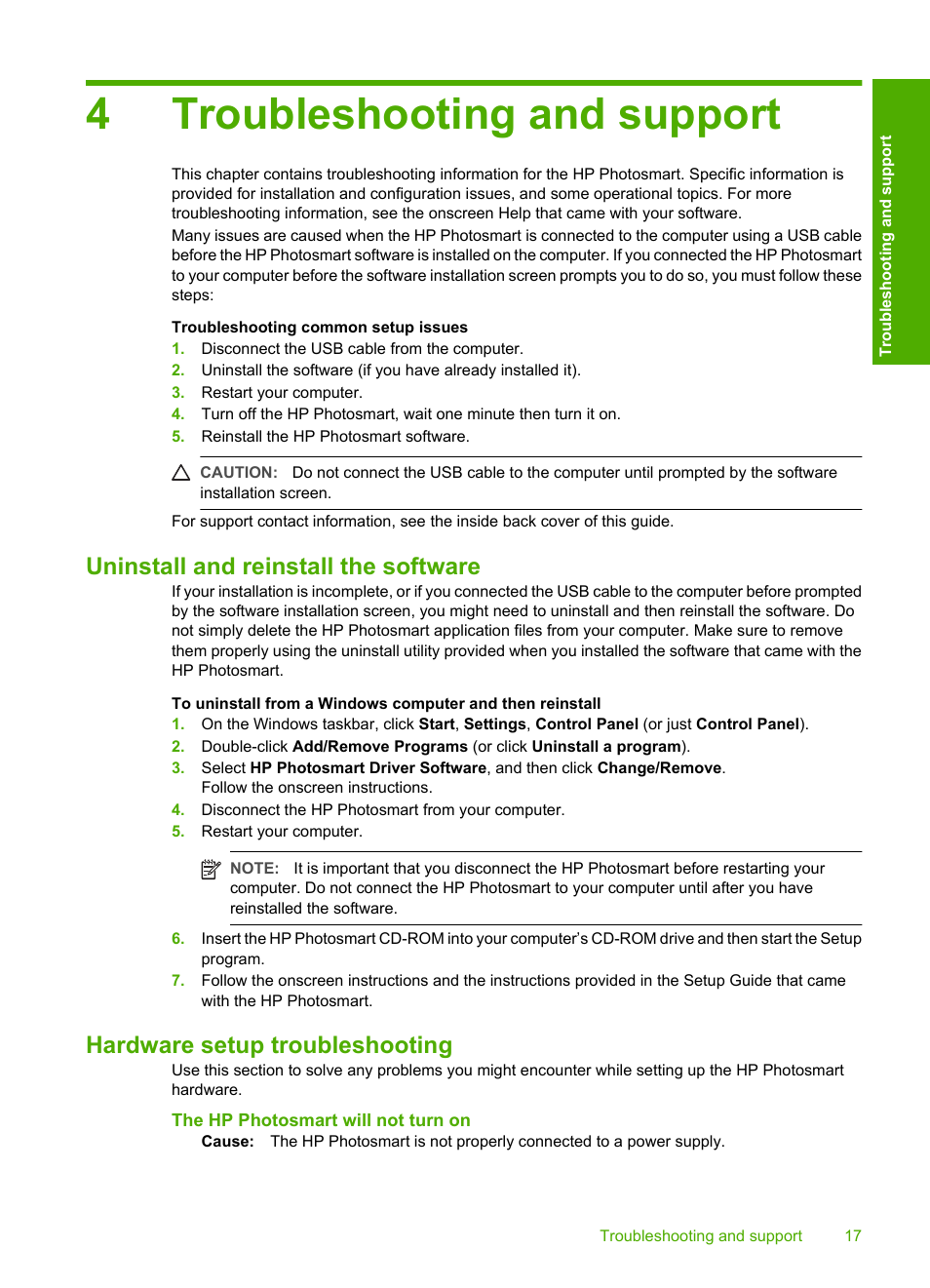 Troubleshooting and support, Uninstall and reinstall the software, Hardware setup troubleshooting | 4 troubleshooting and support, 4troubleshooting and support | HP D7200 User Manual | Page 19 / 29