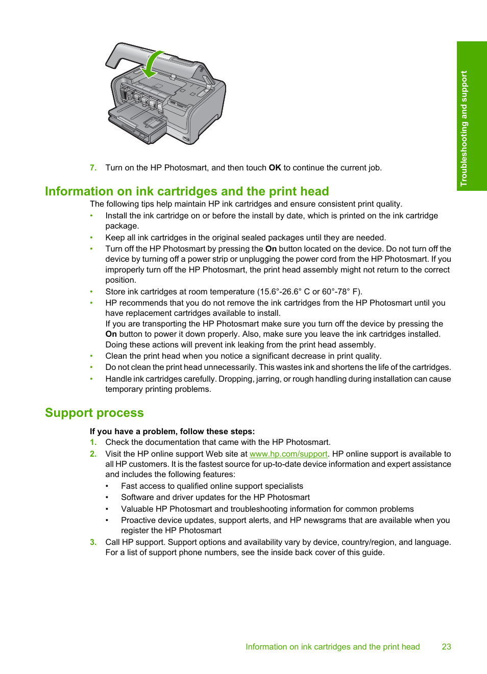 Information on ink cartridges and the print head, Support process | HP D7200 User Manual | Page 25 / 29