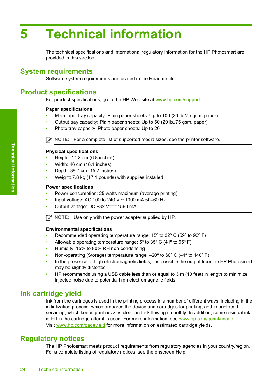 Technical information, System requirements, Product specifications | Ink cartridge yield, Regulatory notices, 5 technical information, 5technical information | HP D7200 User Manual | Page 26 / 29