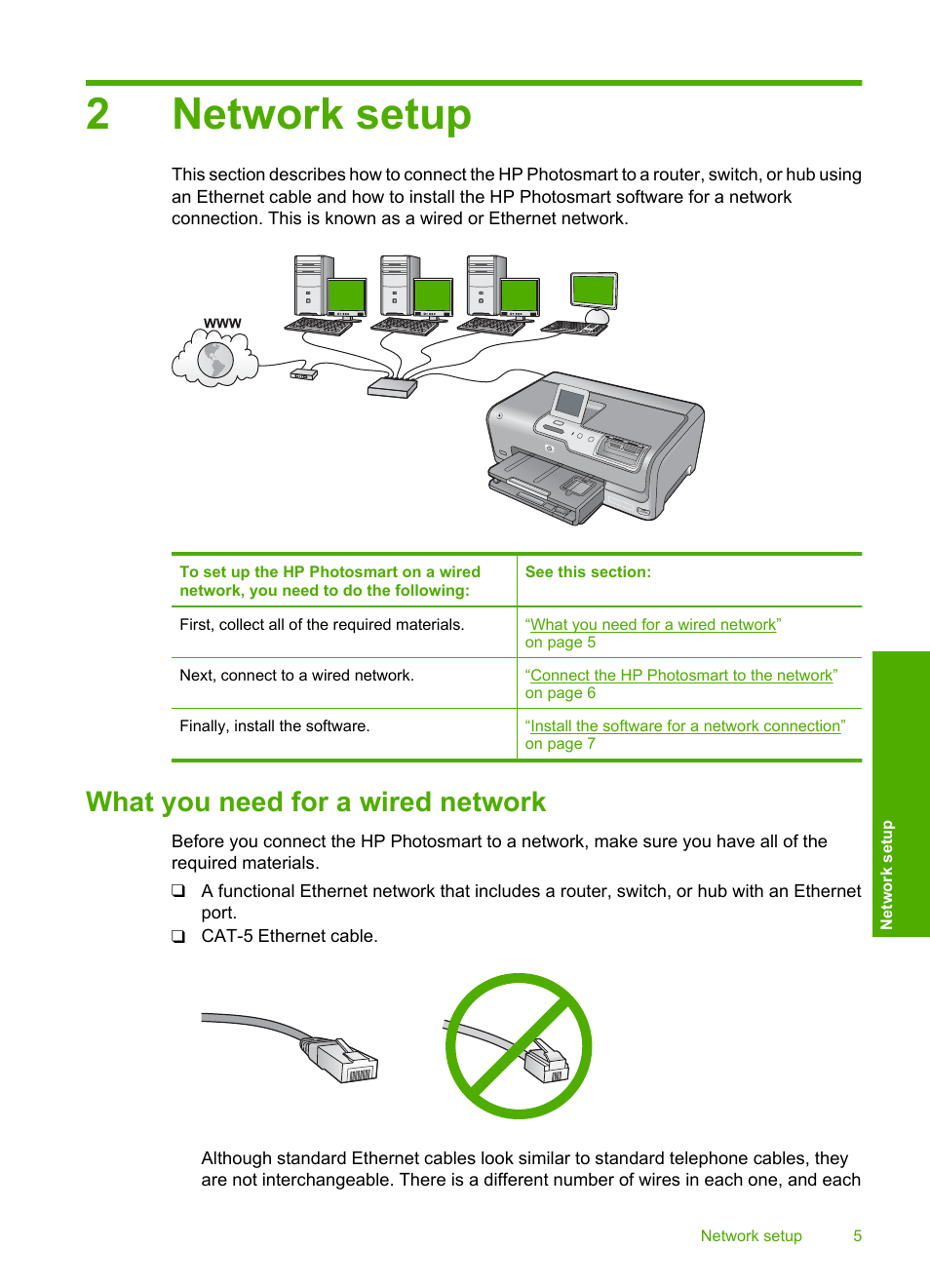 Network setup, What you need for a wired network, 2 network setup | 2network setup | HP D7200 User Manual | Page 7 / 29