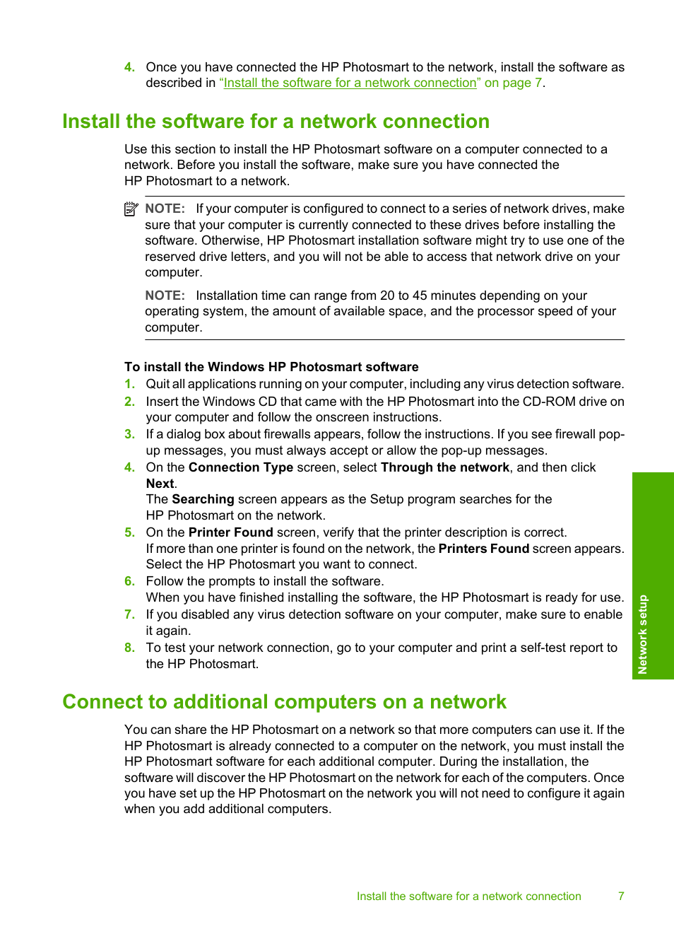 Install the software for a network connection, Connect to additional computers on a network | HP D7200 User Manual | Page 9 / 29