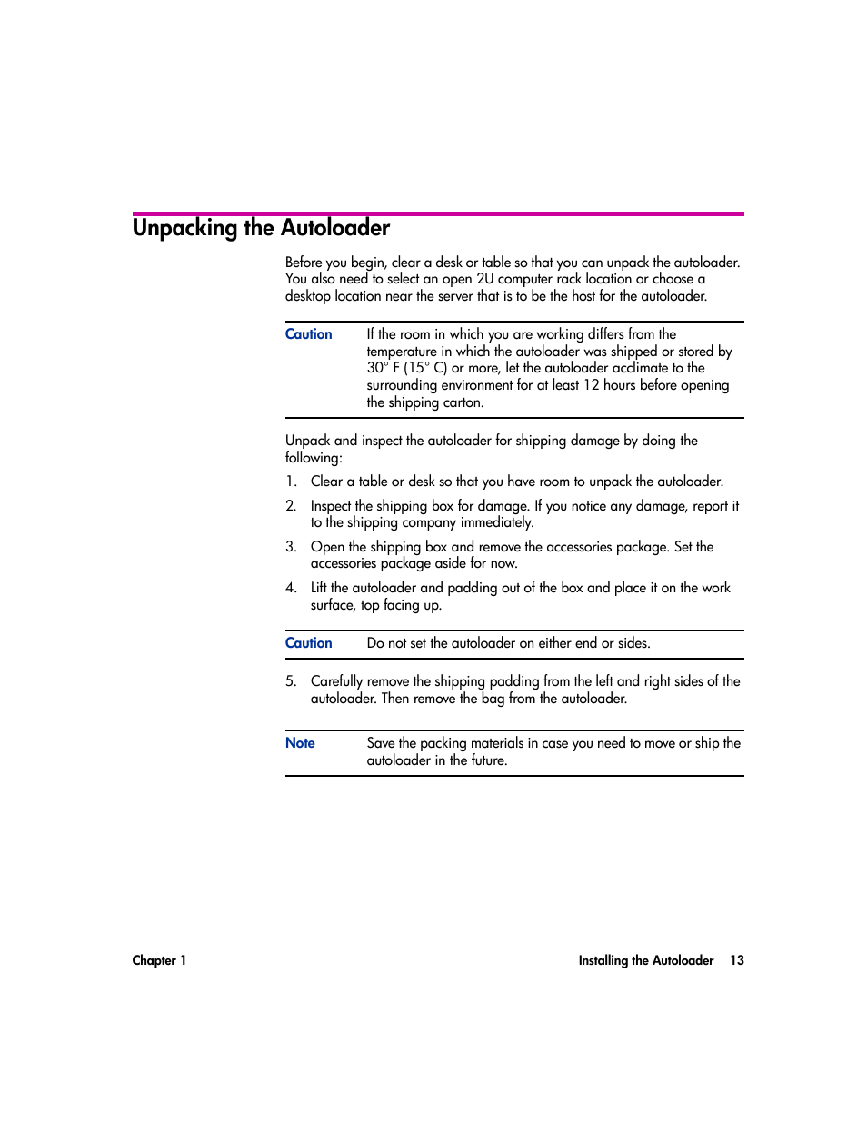 Unpacking the autoloader, Unpacking the autoloader 13 | HP vs80 User Manual | Page 13 / 90