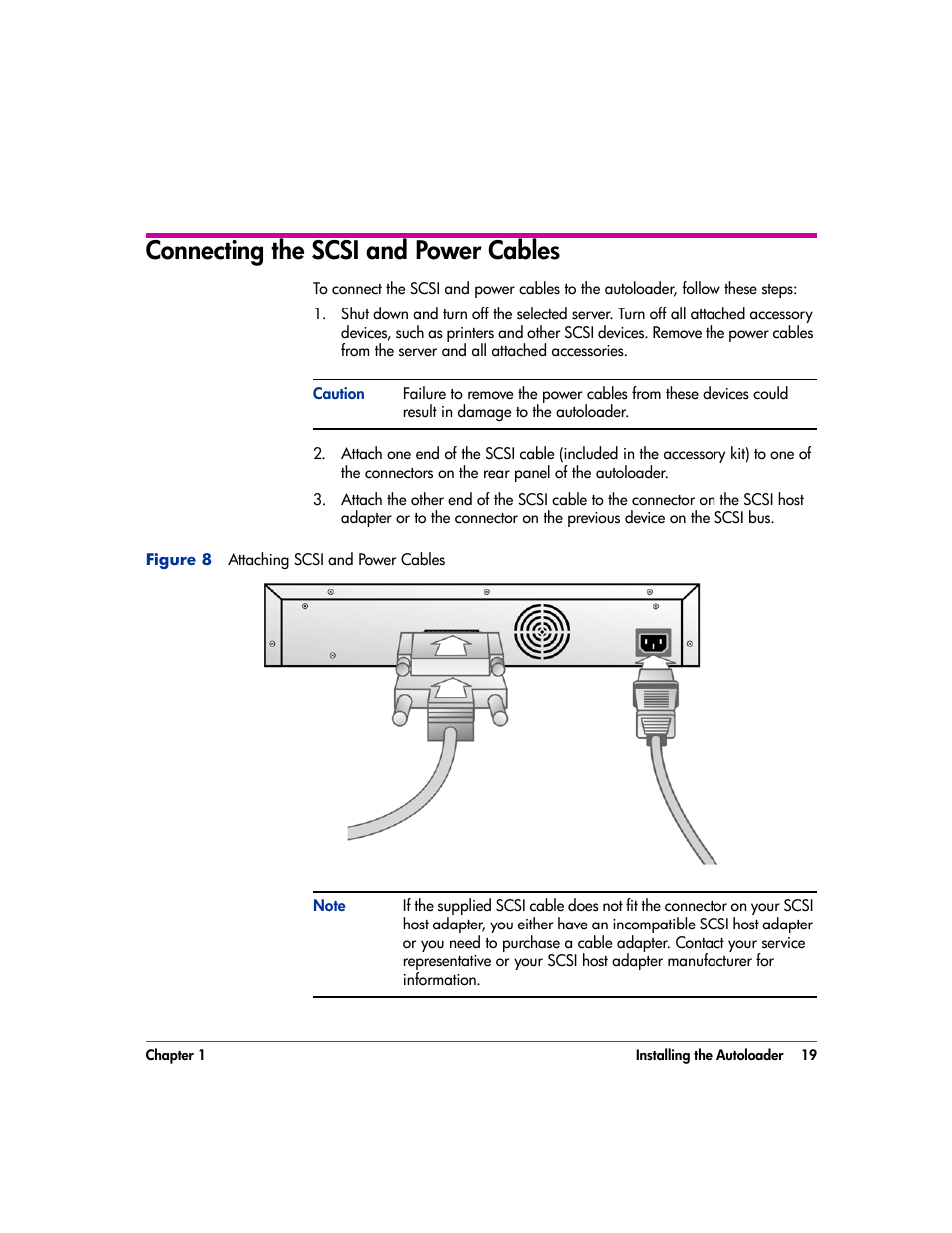 Connecting the scsi and power cables, Connecting the scsi and power cables 19 | HP vs80 User Manual | Page 19 / 90