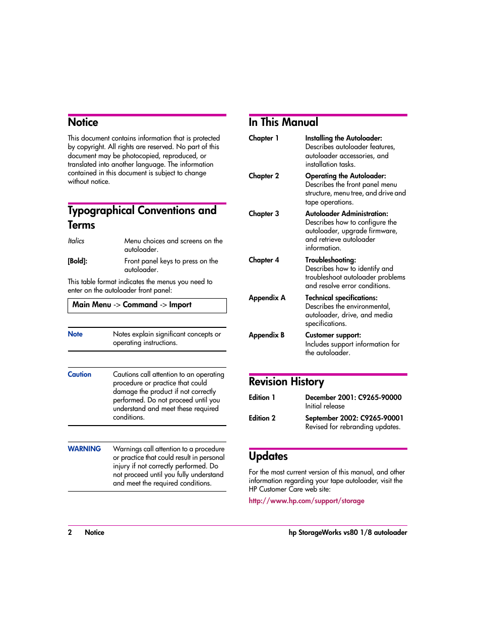 Notice, Typographical conventions and terms, In this manual | Revision history, Updates | HP vs80 User Manual | Page 2 / 90