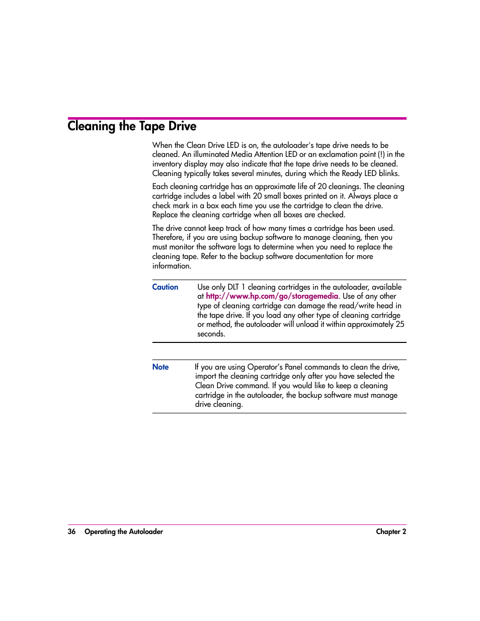 Cleaning the tape drive, Cleaning the tape drive 36, Cleaning | The tape drive | HP vs80 User Manual | Page 36 / 90