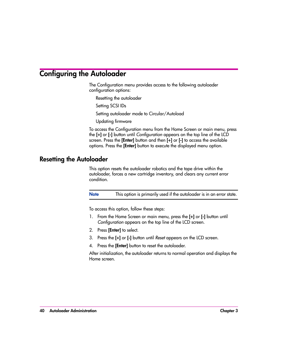 Configuring the autoloader, Resetting the autoloader, Configuring the autoloader 40 | Resetting the autoloader 40 | HP vs80 User Manual | Page 40 / 90