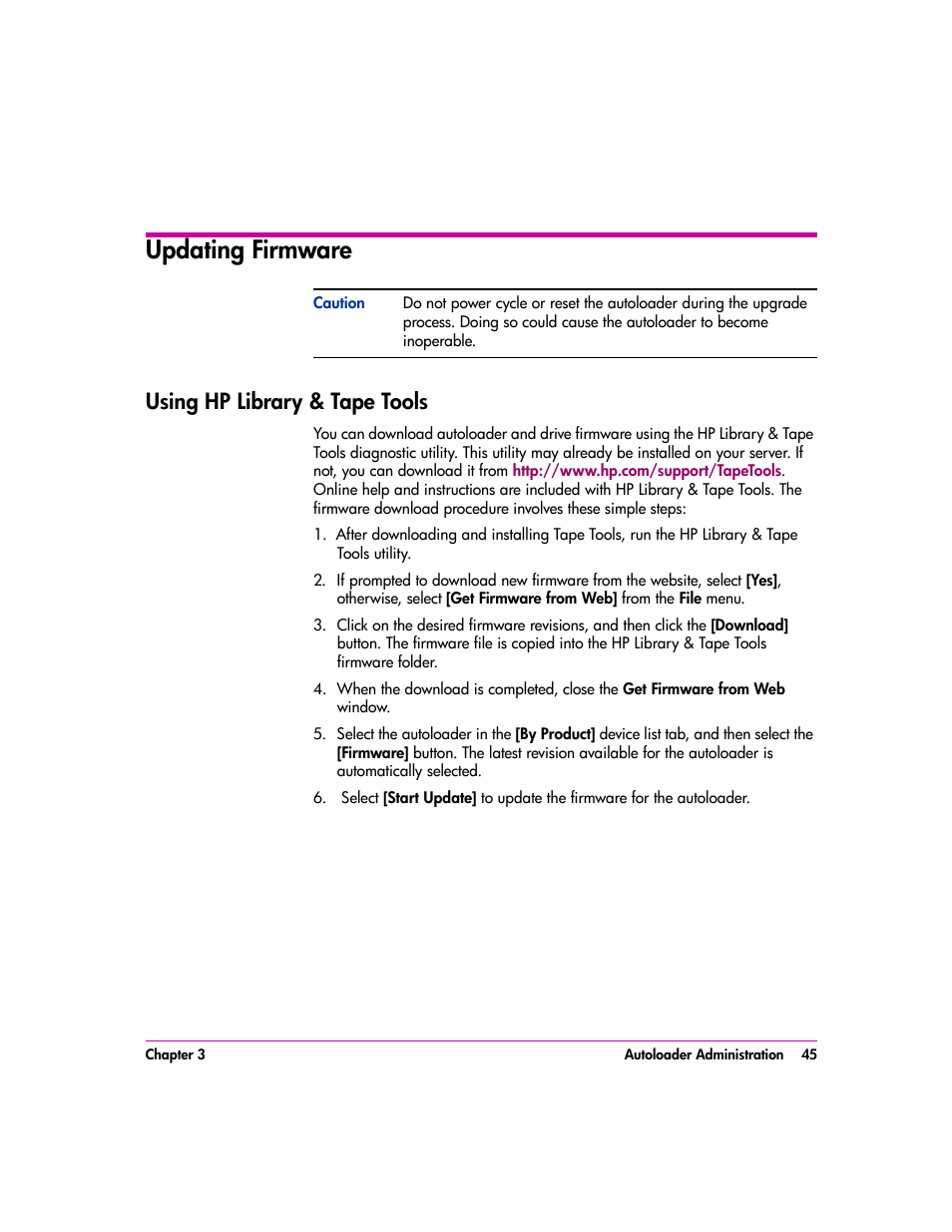 Updating firmware, Using hp library & tape tools, Updating firmware 45 | Using hp library & tape tools 45 | HP vs80 User Manual | Page 45 / 90