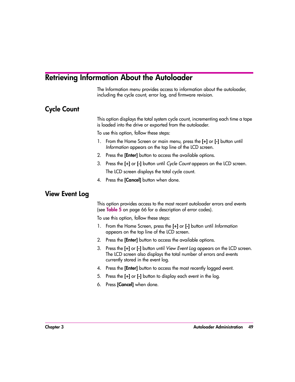 Retrieving information about the autoloader, Cycle count, View event log | Retrieving information about the autoloader 49, Cycle count 49 view event log 49 | HP vs80 User Manual | Page 49 / 90