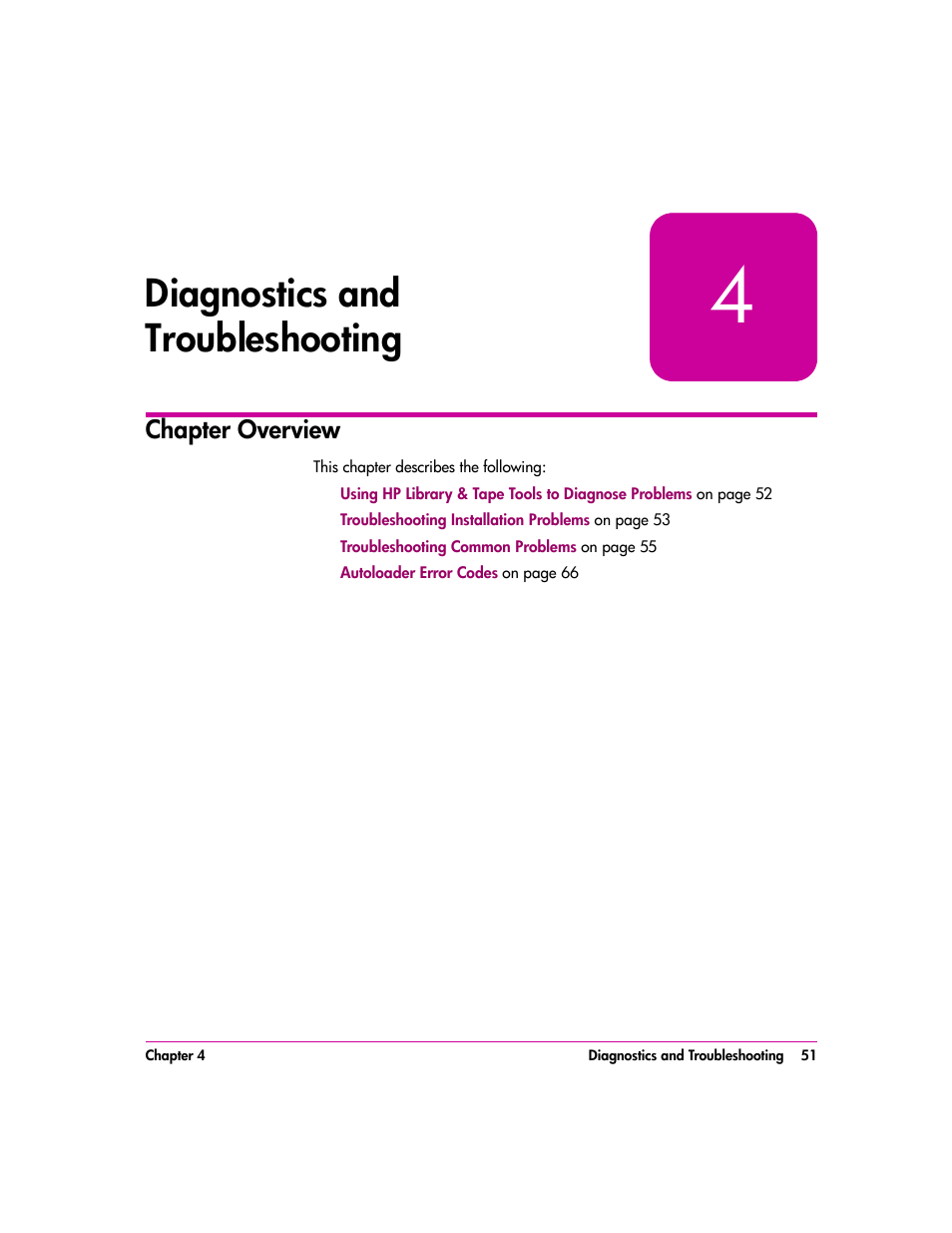 Diagnostics and troubleshooting, Chapter overview, Diagnostics and troubleshooting 51 | Chapter overview 51, Diagnostics and, Troubleshooting | HP vs80 User Manual | Page 51 / 90