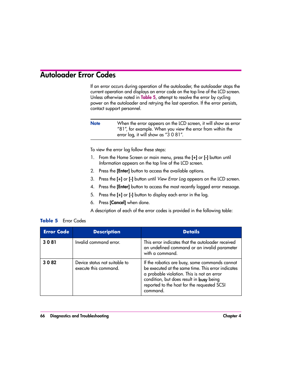 Autoloader error codes, Autoloader error codes 66 | HP vs80 User Manual | Page 66 / 90