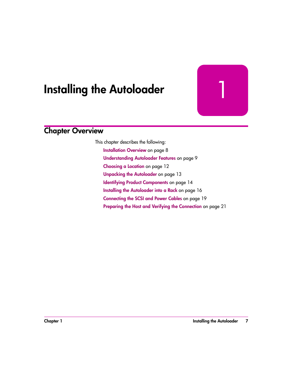 Installing the autoloader, Chapter overview, Installing the autoloader 7 | Chapter overview 7 | HP vs80 User Manual | Page 7 / 90