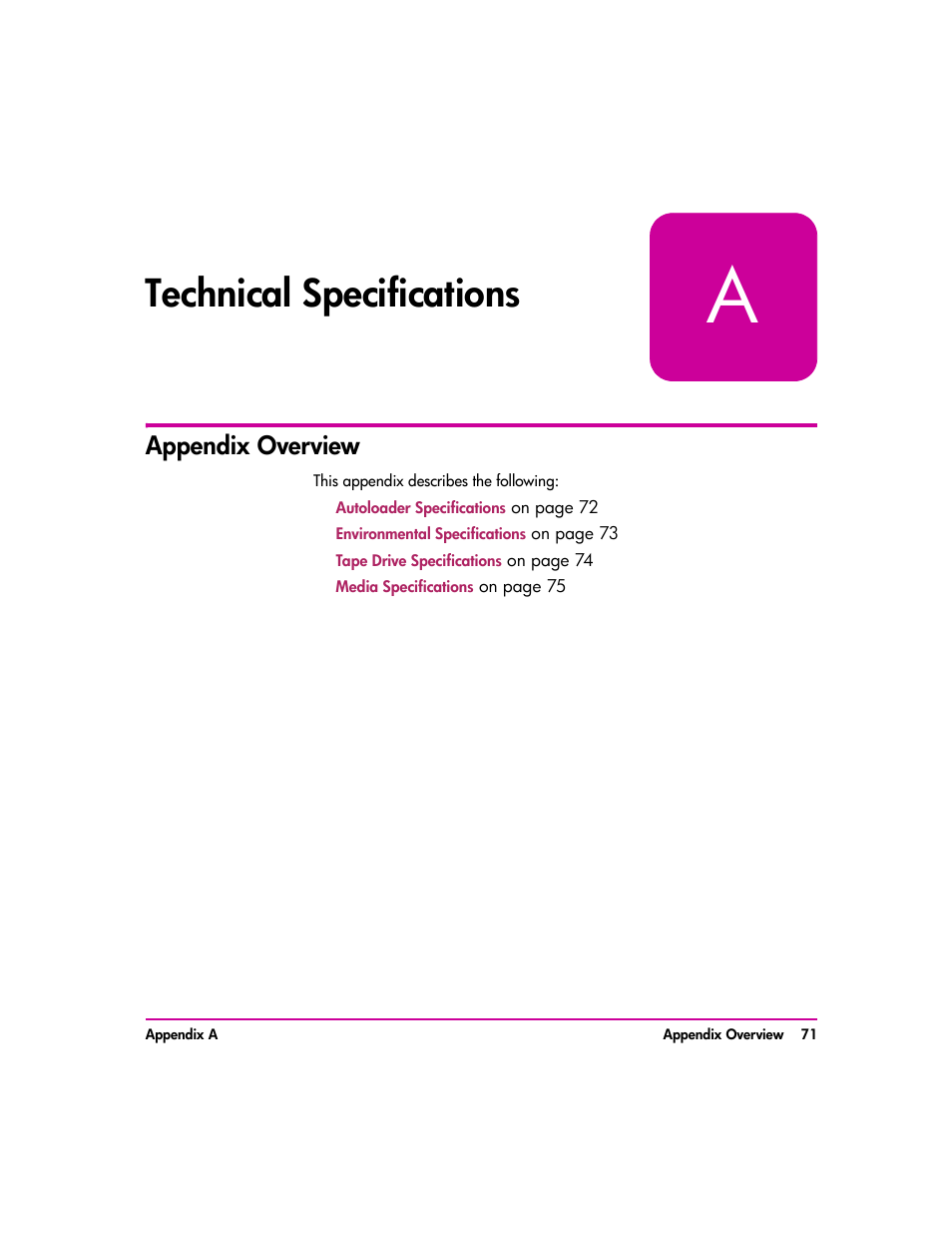 Technical specifications, Appendix overview, Technical specifications 71 | Appendix overview 71 | HP vs80 User Manual | Page 71 / 90