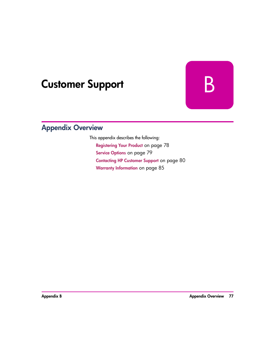 Customer support, Appendix overview, Customer support 77 | Appendix overview 77 | HP vs80 User Manual | Page 77 / 90