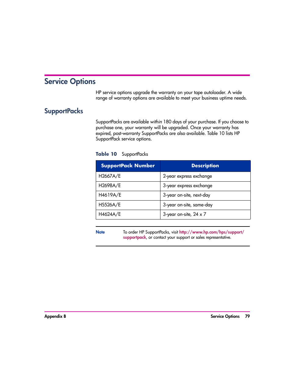 Service options, Supportpacks, Service options 79 | Supportpacks 79 | HP vs80 User Manual | Page 79 / 90