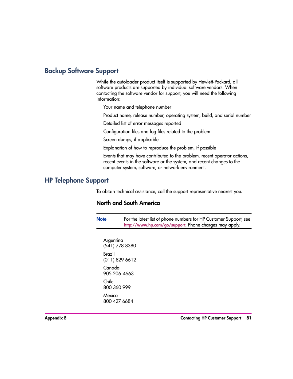 Backup software support, Hp telephone support, Backup software support 81 hp telephone support 81 | North and south america 81, North and south america | HP vs80 User Manual | Page 81 / 90