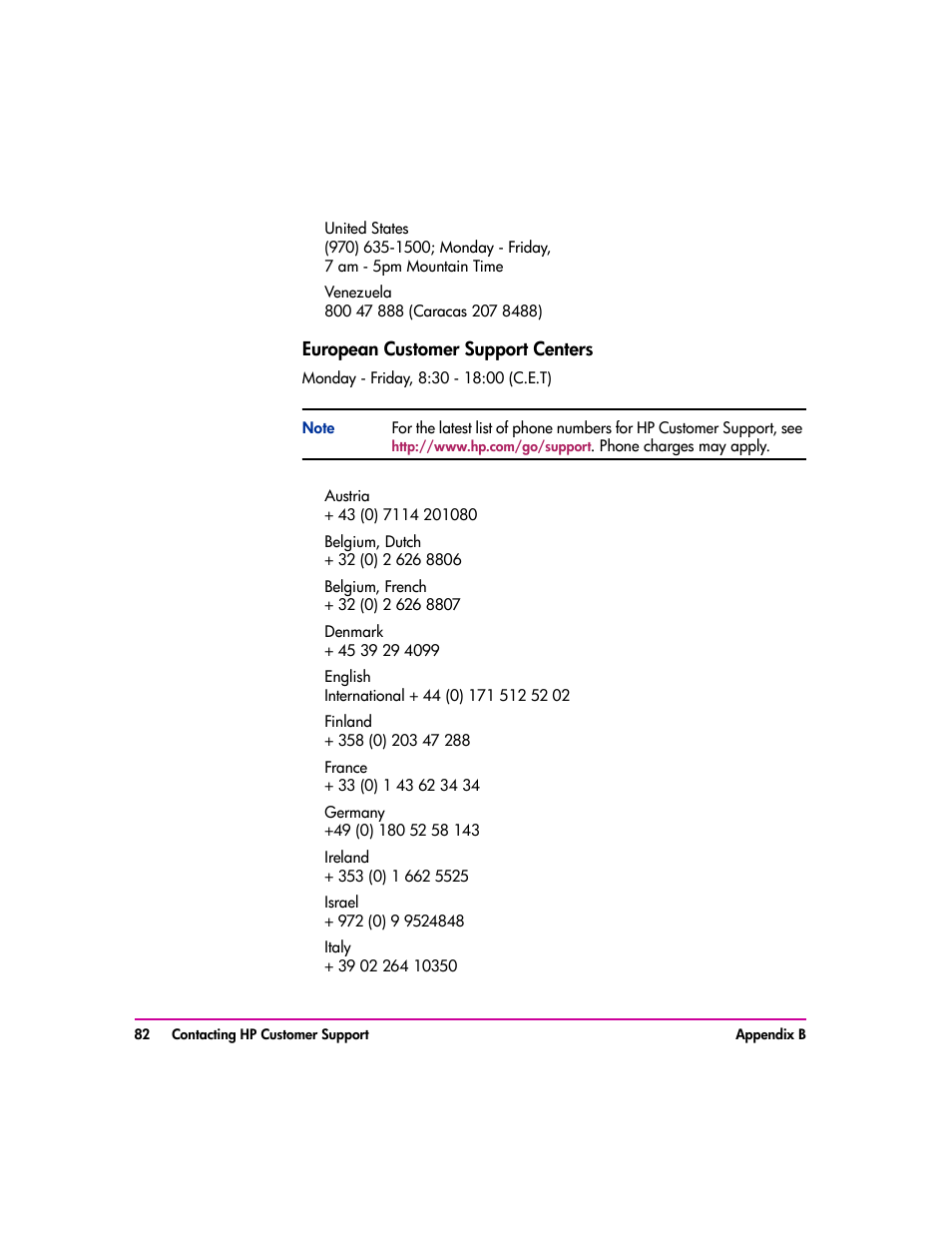 European customer support centers 82, European customer support centers | HP vs80 User Manual | Page 82 / 90