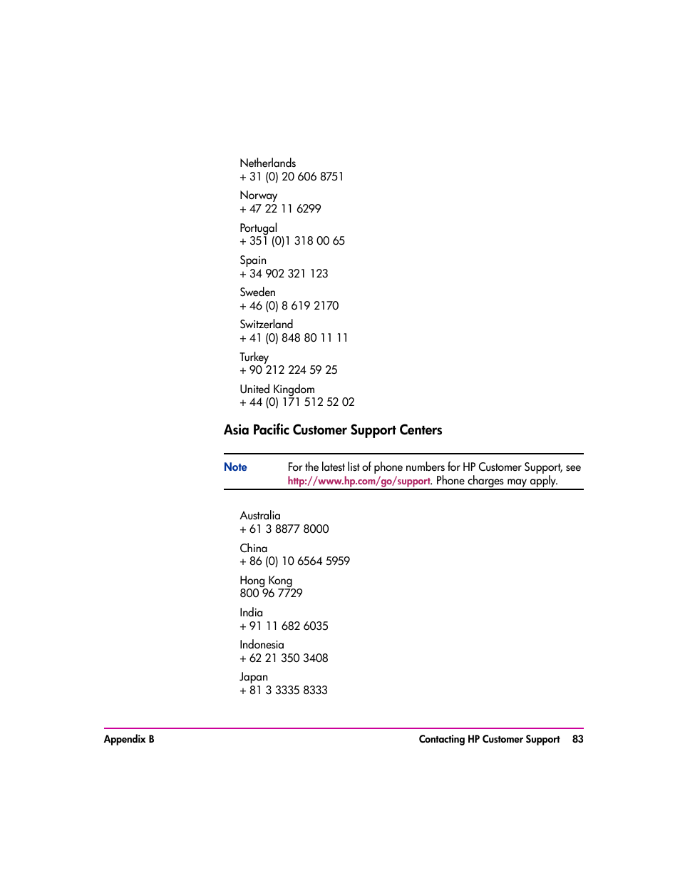 Asia pacific customer support centers 83, Asia pacific customer support centers | HP vs80 User Manual | Page 83 / 90