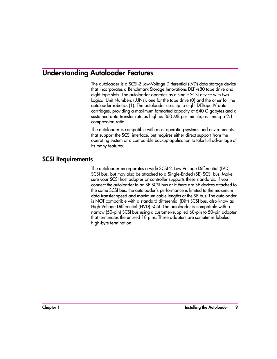 Understanding autoloader features, Scsi requirements, Understanding autoloader features 9 | Scsi requirements 9 | HP vs80 User Manual | Page 9 / 90